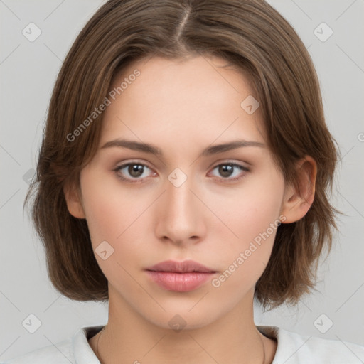 Neutral white young-adult female with medium  brown hair and brown eyes