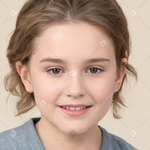 Joyful white child female with medium  brown hair and brown eyes