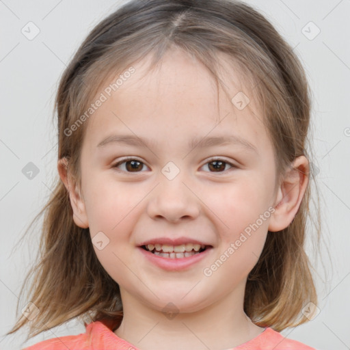 Joyful white child female with medium  brown hair and brown eyes