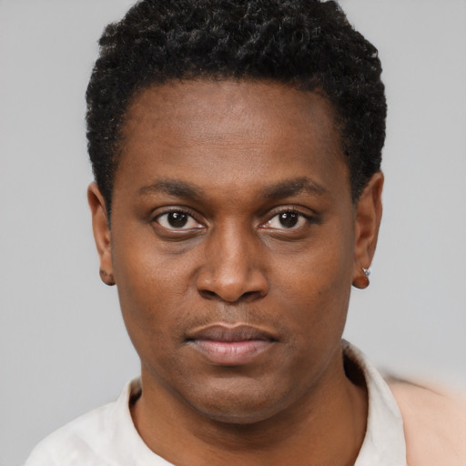 Neutral black young-adult male with short  black hair and brown eyes