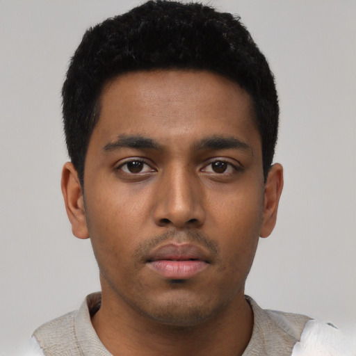 Neutral black young-adult male with short  black hair and brown eyes