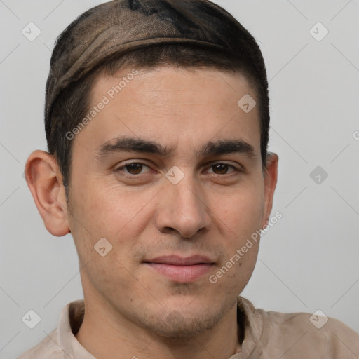 Joyful white young-adult male with short  brown hair and brown eyes