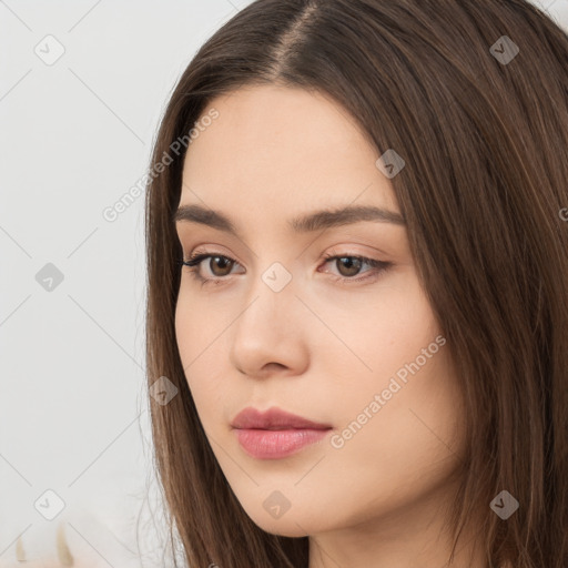 Neutral white young-adult female with long  brown hair and brown eyes