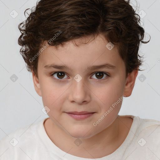 Joyful white child female with short  brown hair and brown eyes