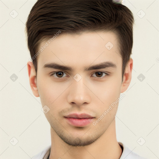 Neutral white young-adult male with short  brown hair and brown eyes