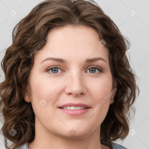 Joyful white young-adult female with medium  brown hair and green eyes