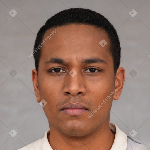 Neutral latino young-adult male with short  black hair and brown eyes