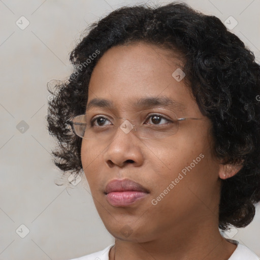 Neutral black young-adult female with medium  brown hair and brown eyes