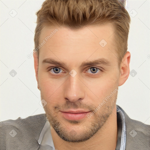 Neutral white young-adult male with short  brown hair and brown eyes