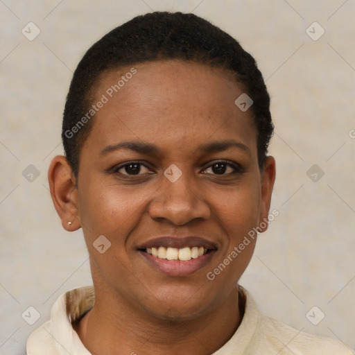 Joyful latino young-adult female with short  black hair and brown eyes