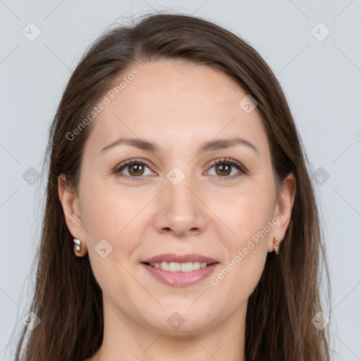 Joyful white young-adult female with long  brown hair and brown eyes