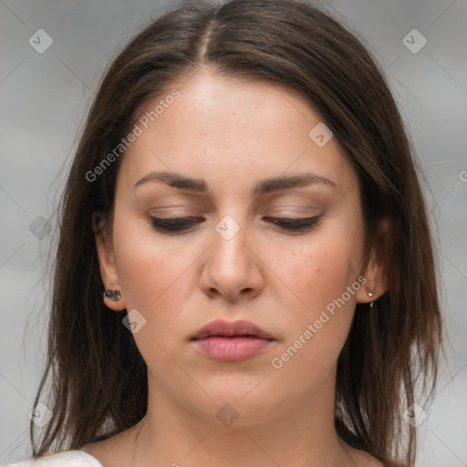 Neutral white young-adult female with medium  brown hair and brown eyes