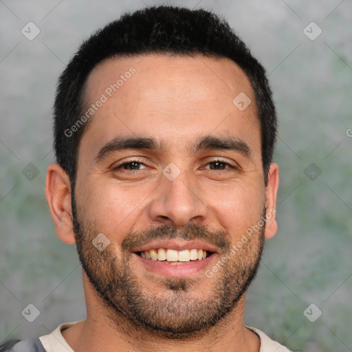 Joyful white young-adult male with short  black hair and brown eyes