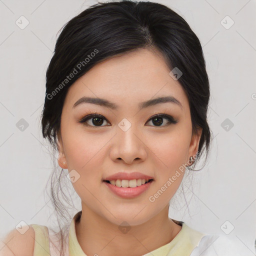 Joyful asian young-adult female with medium  black hair and brown eyes