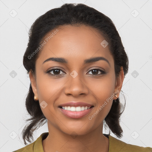 Joyful latino young-adult female with long  brown hair and brown eyes