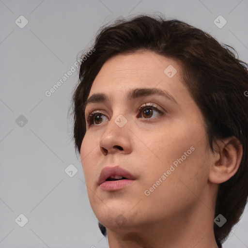 Neutral white young-adult female with medium  brown hair and brown eyes