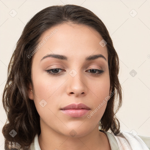 Neutral white young-adult female with medium  brown hair and brown eyes