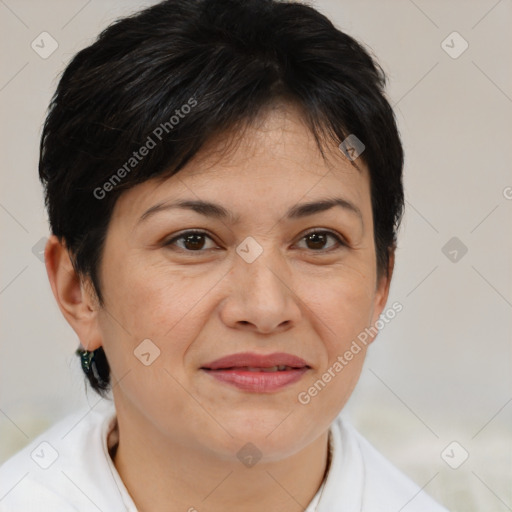 Joyful white adult female with medium  brown hair and brown eyes