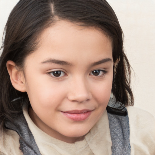 Joyful white child female with medium  brown hair and brown eyes