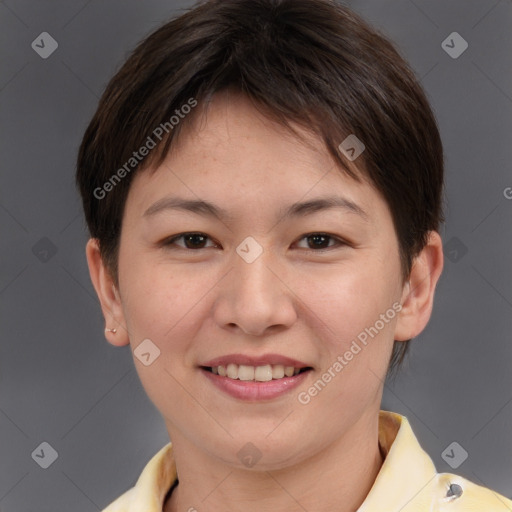 Joyful white young-adult female with short  brown hair and brown eyes