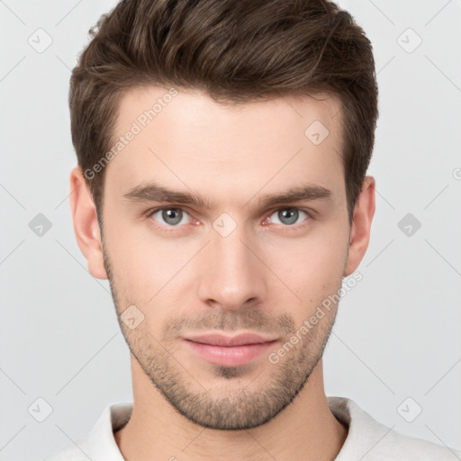 Neutral white young-adult male with short  brown hair and brown eyes