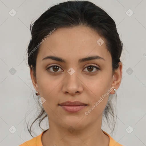 Joyful latino young-adult female with medium  brown hair and brown eyes