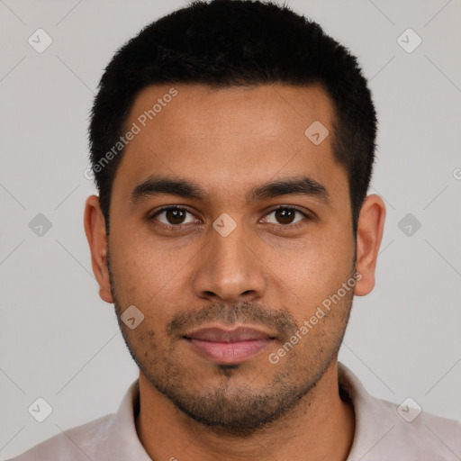 Neutral latino young-adult male with short  black hair and brown eyes