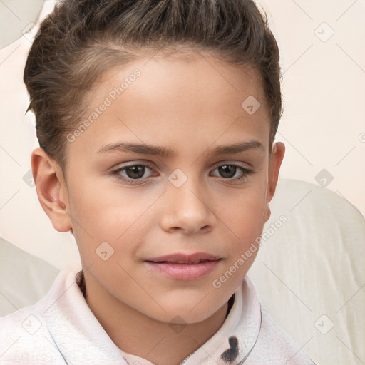 Joyful white child female with short  brown hair and brown eyes