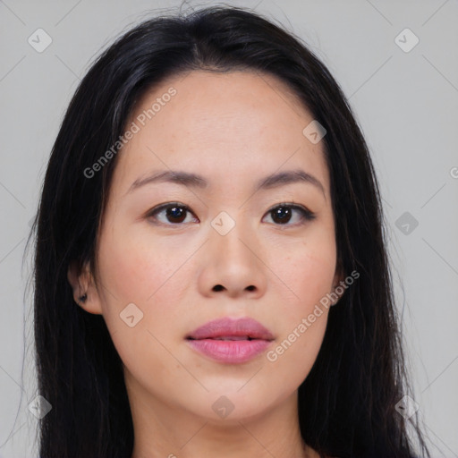 Neutral asian young-adult female with medium  black hair and brown eyes