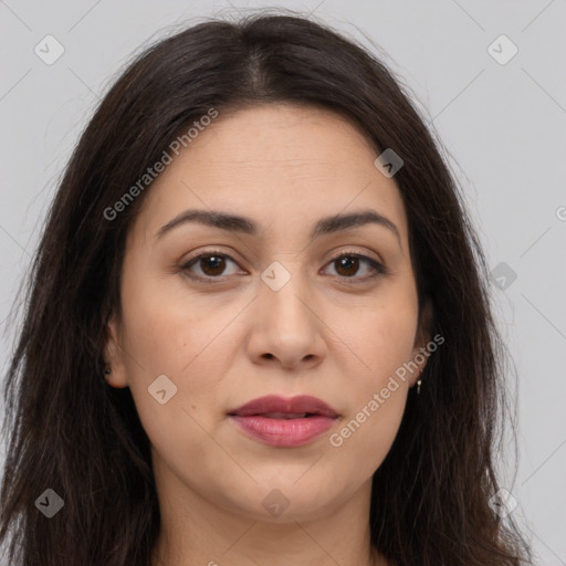 Joyful white young-adult female with long  brown hair and brown eyes