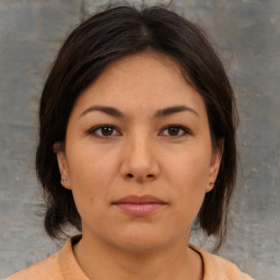 Neutral asian young-adult female with medium  brown hair and brown eyes