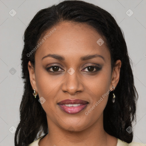 Joyful latino young-adult female with long  brown hair and brown eyes