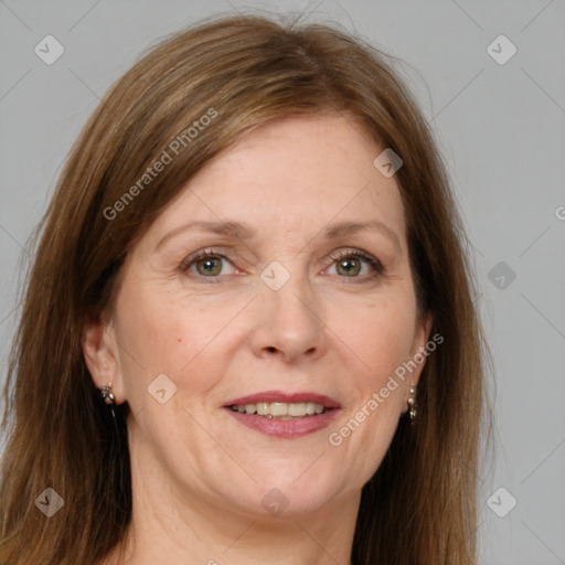 Joyful white adult female with medium  brown hair and grey eyes