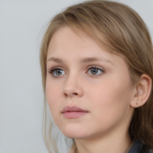 Neutral white young-adult female with medium  brown hair and grey eyes