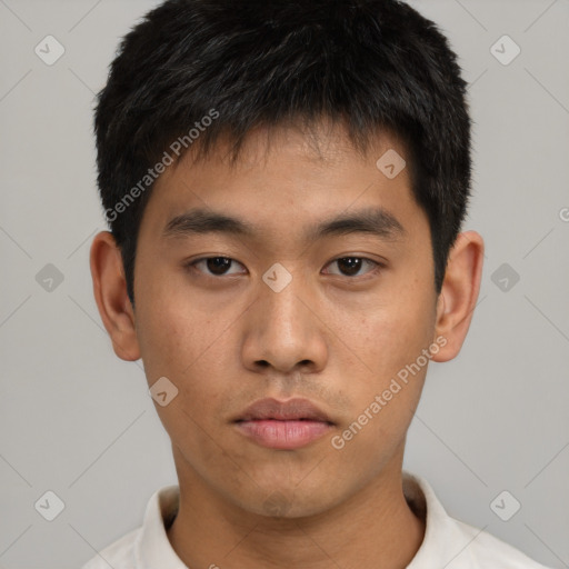 Neutral asian young-adult male with short  black hair and brown eyes