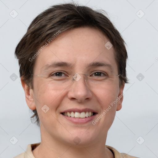 Joyful white adult female with short  brown hair and grey eyes