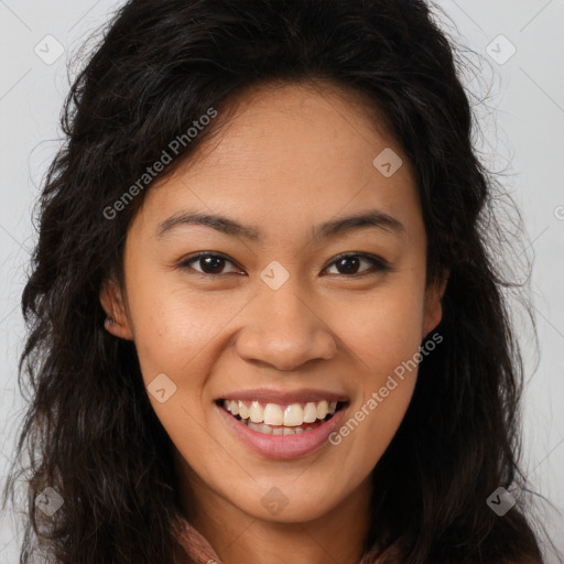 Joyful white young-adult female with long  brown hair and brown eyes