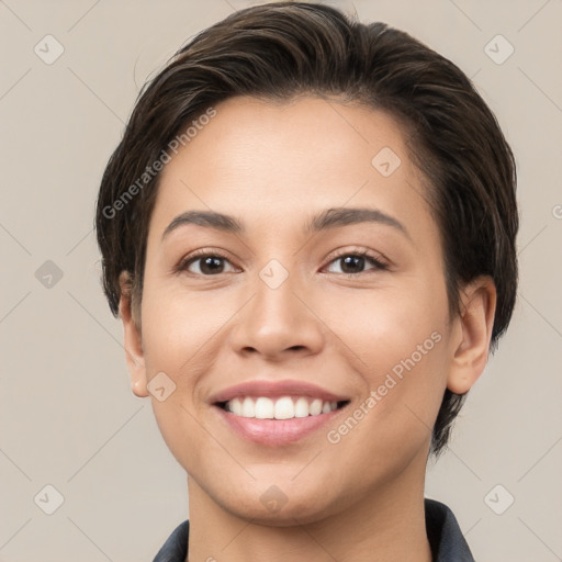 Joyful white young-adult female with short  brown hair and brown eyes