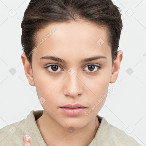 Neutral white young-adult female with short  brown hair and brown eyes