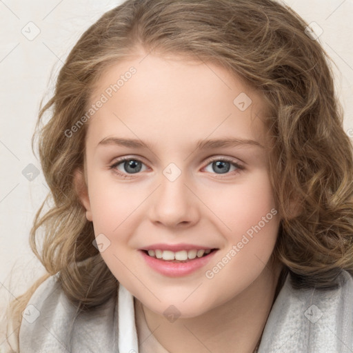 Joyful white child female with medium  brown hair and brown eyes