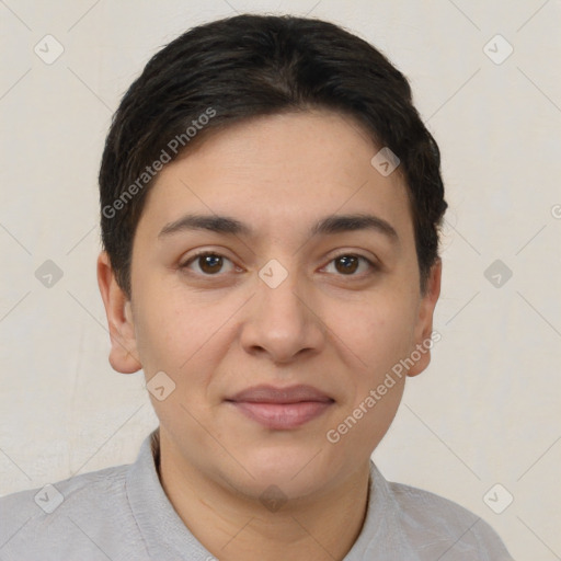 Joyful white young-adult female with short  brown hair and brown eyes