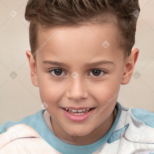 Joyful white child male with short  brown hair and brown eyes