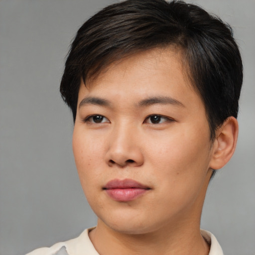 Neutral asian young-adult male with short  brown hair and brown eyes