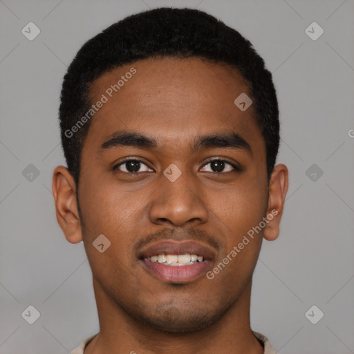 Joyful black young-adult male with short  brown hair and brown eyes