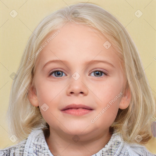 Neutral white child female with medium  brown hair and blue eyes