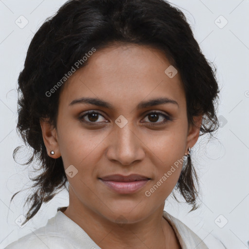 Joyful latino young-adult female with medium  brown hair and brown eyes