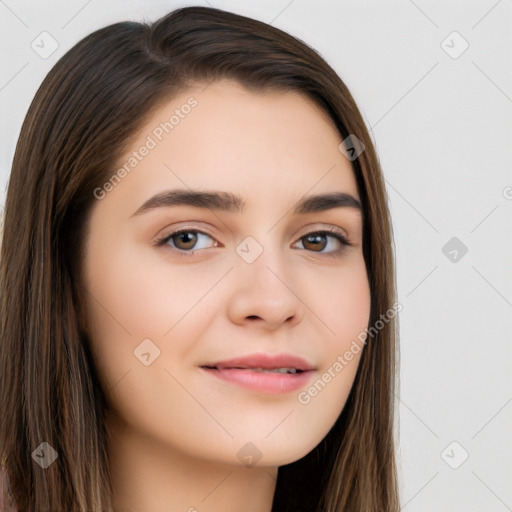 Neutral white young-adult female with long  brown hair and brown eyes