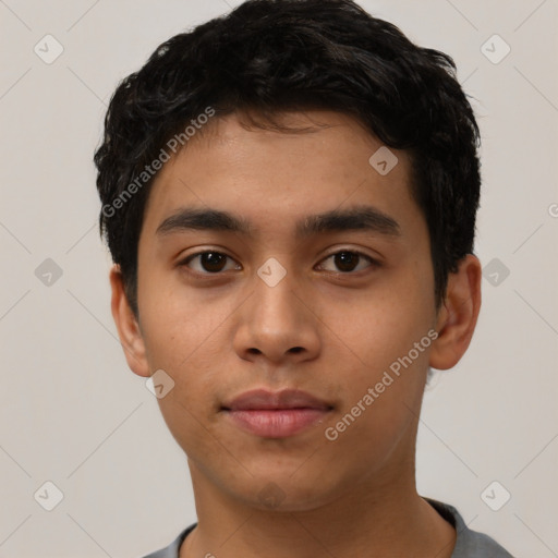 Neutral latino young-adult male with short  black hair and brown eyes