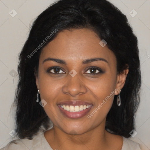 Joyful black young-adult female with medium  black hair and brown eyes