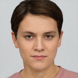 Neutral white young-adult female with short  brown hair and brown eyes